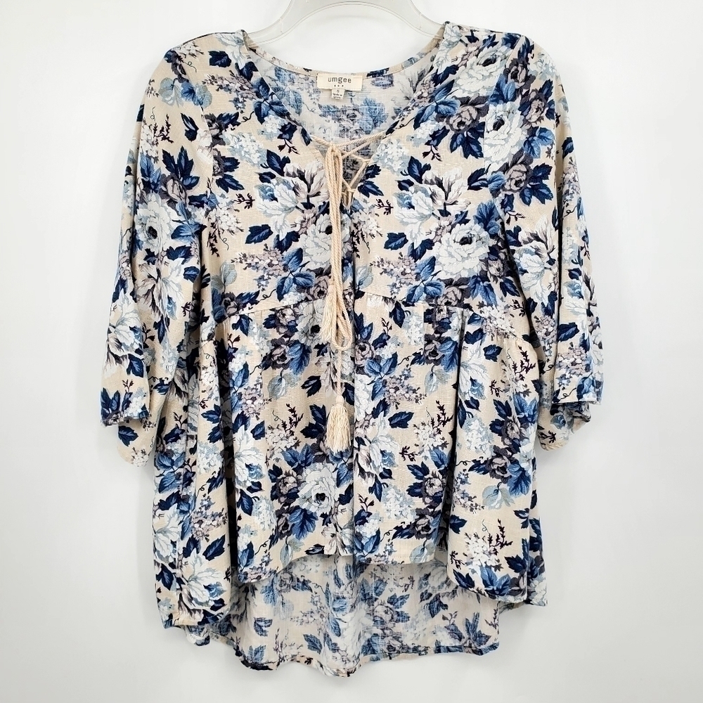 Umgee Tied Front High Low Blue White Floral Boho Top